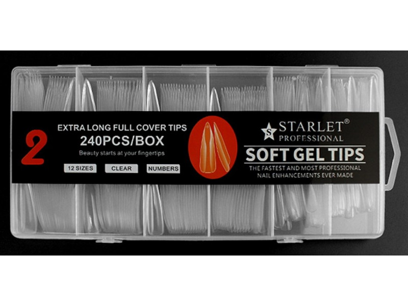 Типсы гелевые Starlet Professional Soft Gel Tips 2, 240 шт., экстра длинный стилет, прозрачные